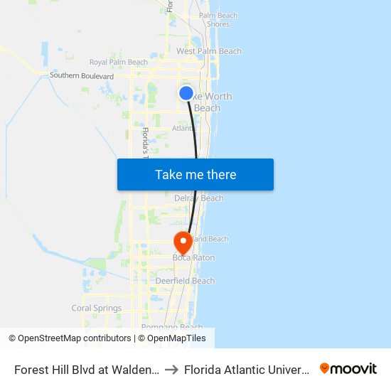 Forest Hill Blvd at Walden Ln to Florida Atlantic University map