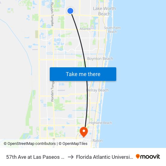 57th Ave at Las Paseos Dr to Florida Atlantic University map