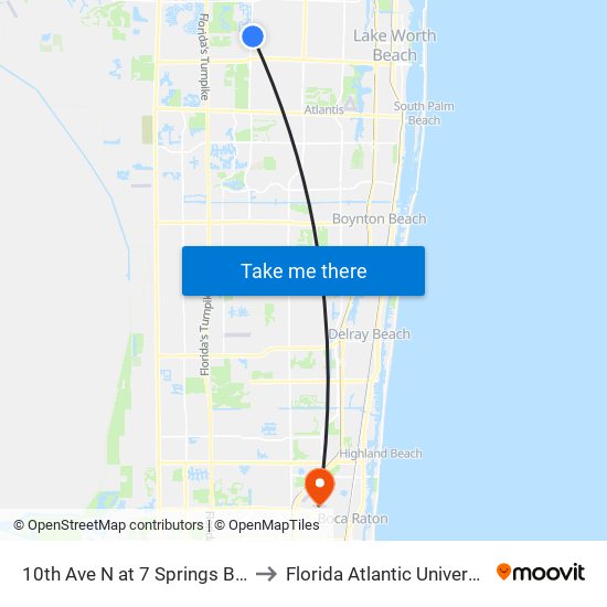 10th Ave N at 7 Springs Blvd to Florida Atlantic University map