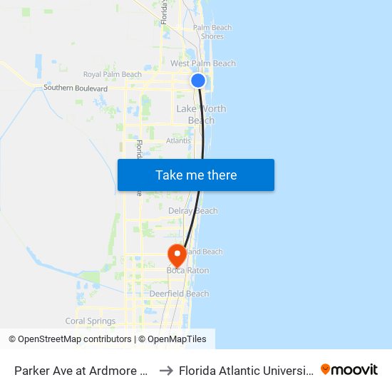 Parker Ave at Ardmore Rd to Florida Atlantic University map