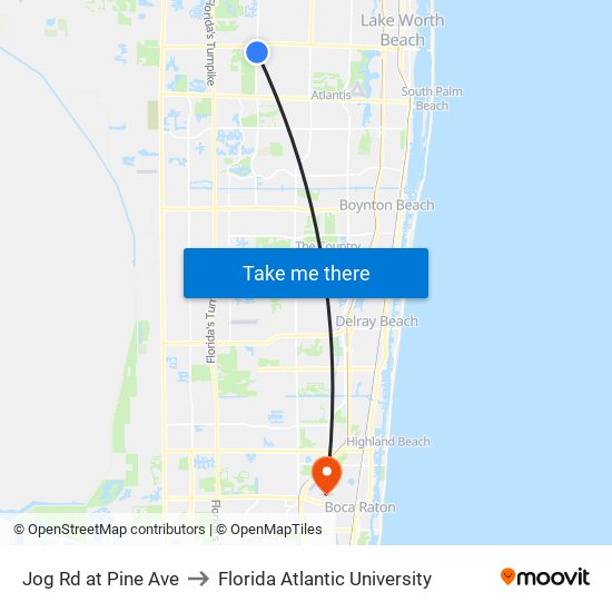 Jog Rd at Pine Ave to Florida Atlantic University map