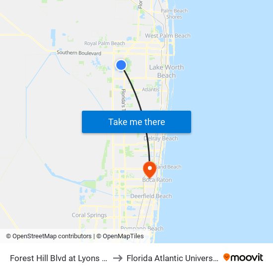 Forest Hill Blvd at Lyons Rd to Florida Atlantic University map