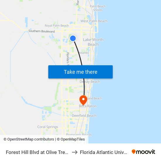 Forest Hill Blvd at Olive Tree Blvd to Florida Atlantic University map