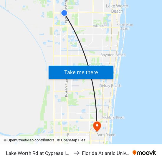 Lake Worth Rd at Cypress Isle Way to Florida Atlantic University map