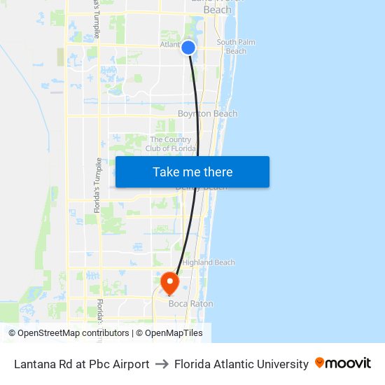 Lantana Rd at  Pbc Airport to Florida Atlantic University map