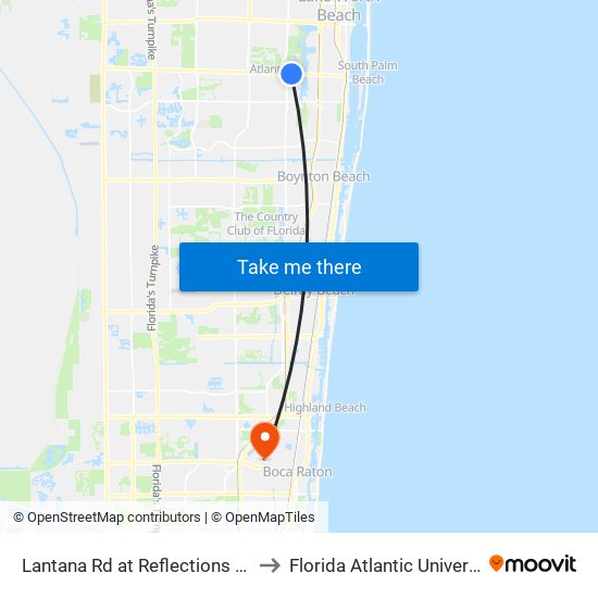 Lantana Rd at Reflections Blvd to Florida Atlantic University map