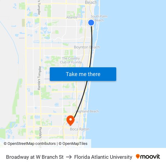 Broadway at  W Branch St to Florida Atlantic University map