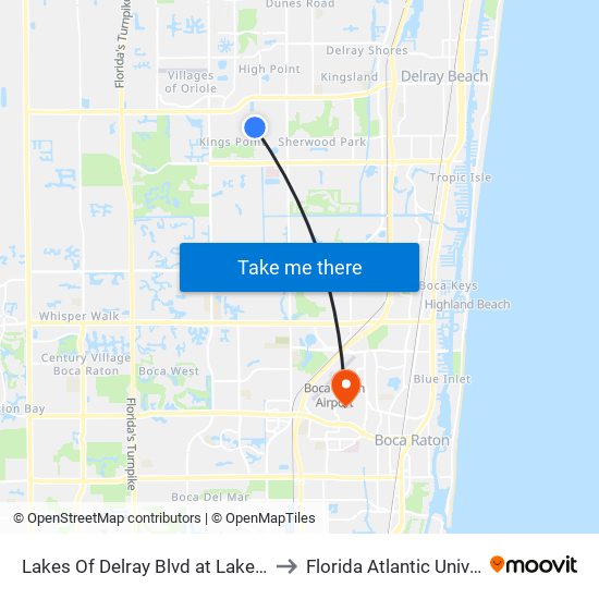 Lakes Of Delray Blvd at  Lakes Of De to Florida Atlantic University map