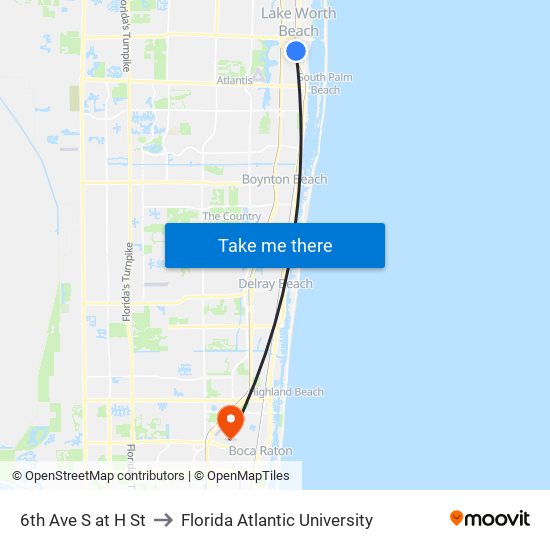 6th Ave S at H St to Florida Atlantic University map