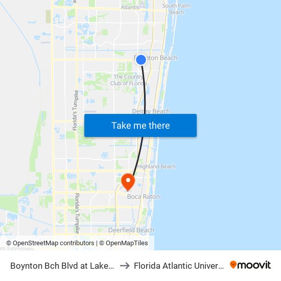 Boynton Bch Blvd at Lake Ter to Florida Atlantic University map