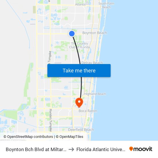 Boynton Bch Blvd at Miltary Trl to Florida Atlantic University map