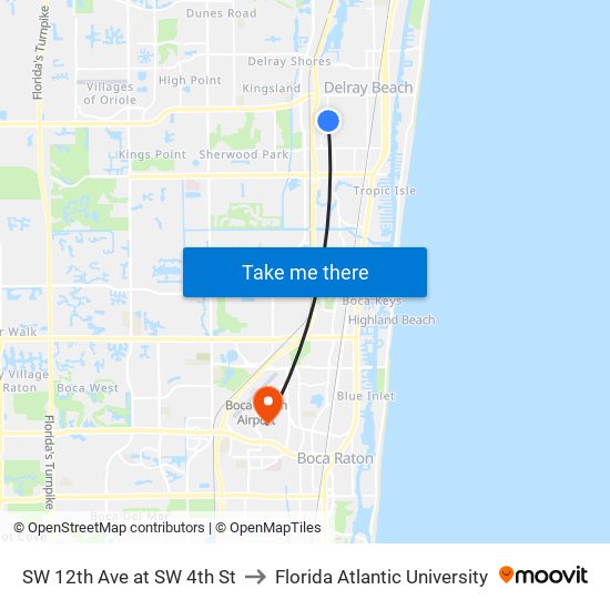 SW 12th Ave at SW 4th St to Florida Atlantic University map