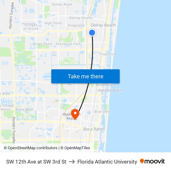 SW 12TH AVE at SW 3RD ST to Florida Atlantic University map