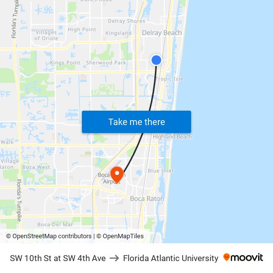 SW 10TH ST at SW 4TH AVE to Florida Atlantic University map