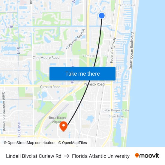 Lindell Blvd at Curlew Rd to Florida Atlantic University map