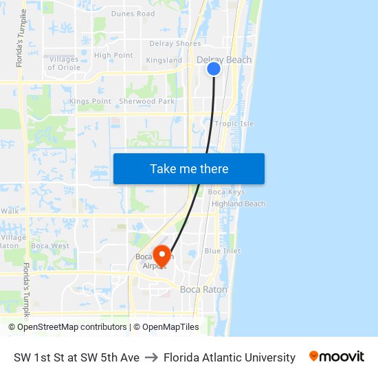 SW 1st St at  SW 5th Ave to Florida Atlantic University map