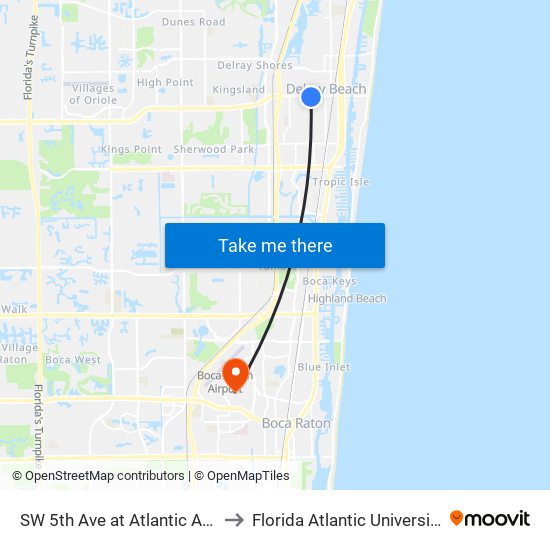 SW 5TH AVE at  ATLANTIC AVE to Florida Atlantic University map