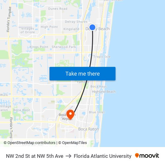 NW 2nd St at  NW 5th Ave to Florida Atlantic University map
