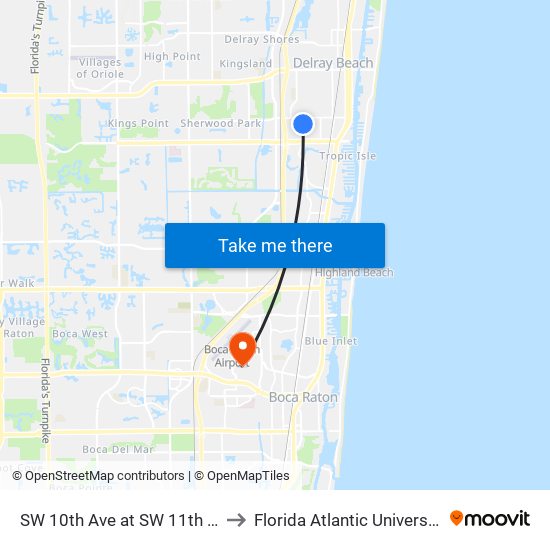 SW 10th Ave at SW 11th St to Florida Atlantic University map