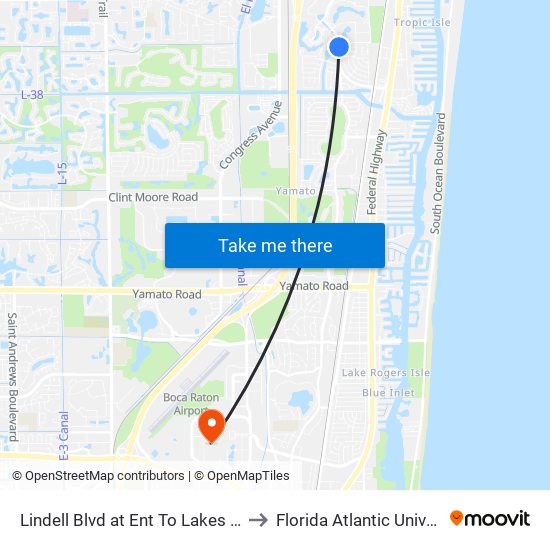 Lindell Blvd at Ent To Lakes Of Del to Florida Atlantic University map