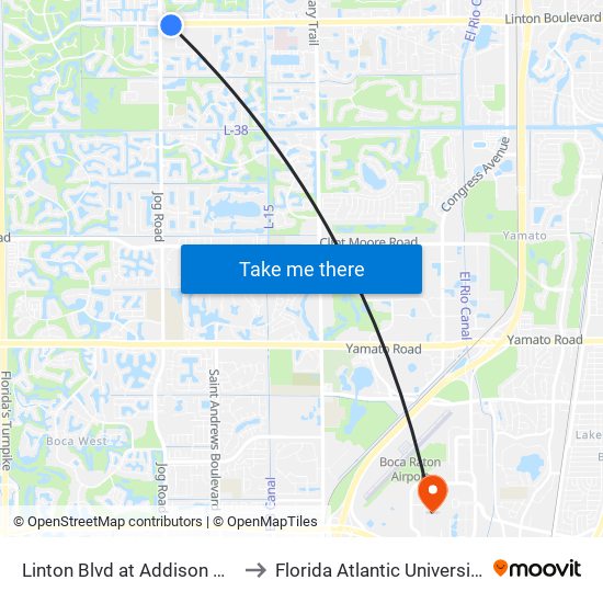 Linton Blvd at Addison Ctr to Florida Atlantic University map