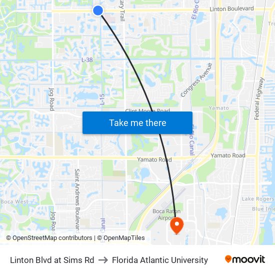 Linton Blvd at Sims Rd to Florida Atlantic University map