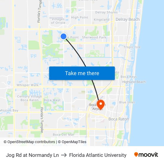 Jog Rd at Normandy Ln to Florida Atlantic University map