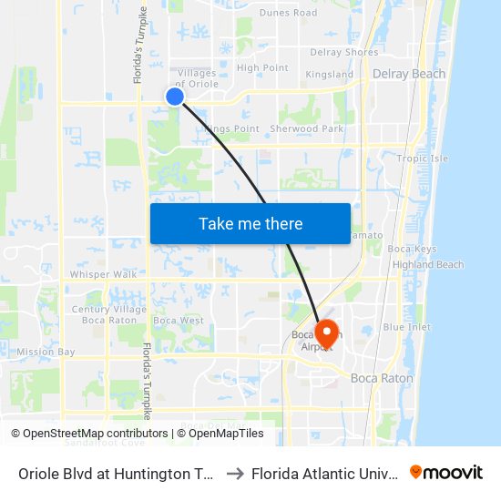 Oriole Blvd at Huntington Twrs Rd to Florida Atlantic University map