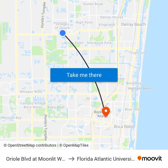 Oriole Blvd at Moonlit Way to Florida Atlantic University map