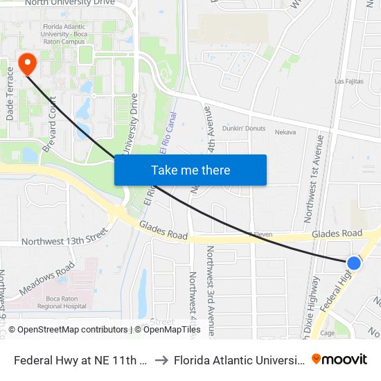 Federal Hwy at NE 11th St to Florida Atlantic University map