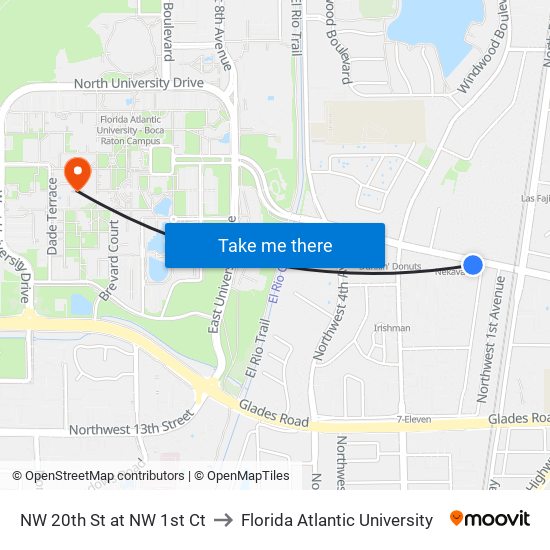 NW 20th St at NW 1st Ct to Florida Atlantic University map