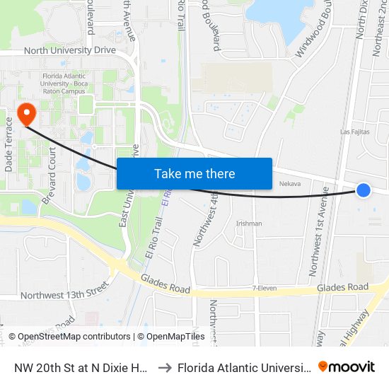 NW 20th St at N Dixie Hwy to Florida Atlantic University map