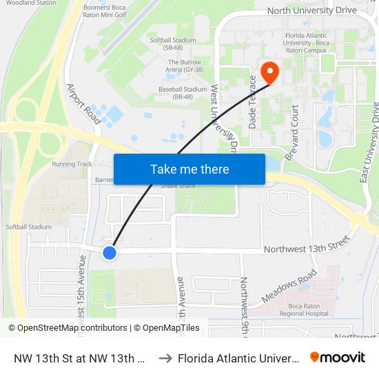 NW 13th St at  NW 13th Way to Florida Atlantic University map