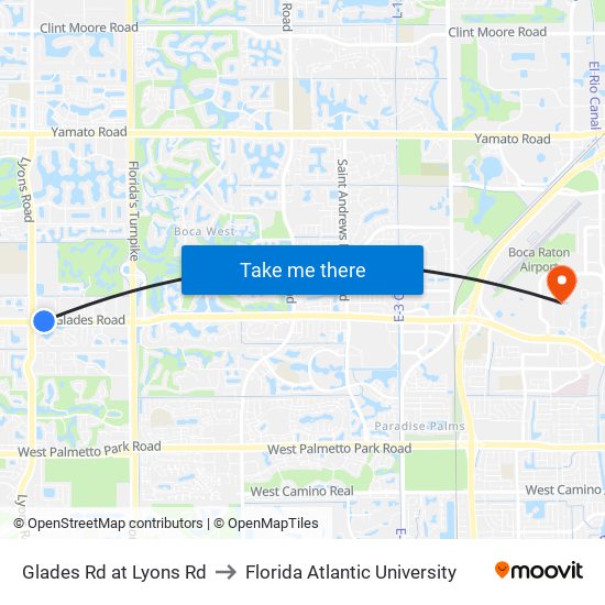 Glades Rd at Lyons Rd to Florida Atlantic University map