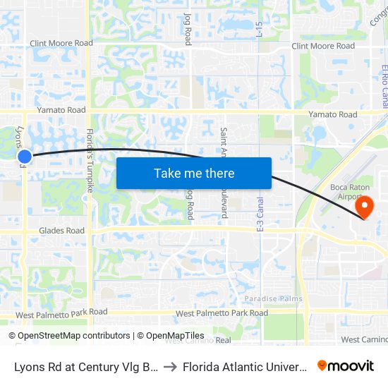 Lyons Rd at  Century Vlg Blvd to Florida Atlantic University map