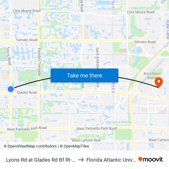 Lyons Rd at  Glades Rd Bf Rt-Turn Ln to Florida Atlantic University map