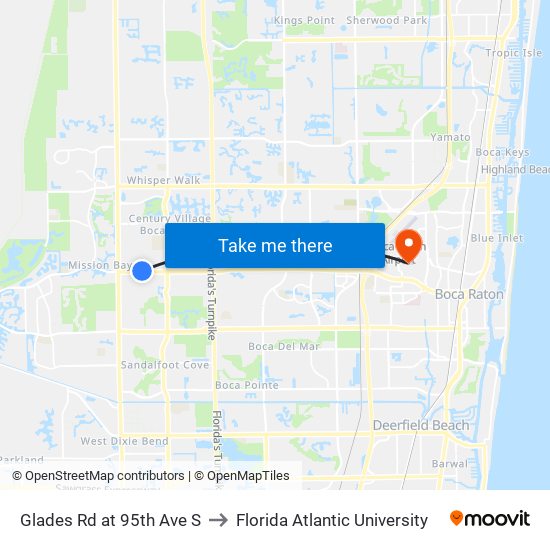 GLADES RD at 95TH AVE S to Florida Atlantic University map