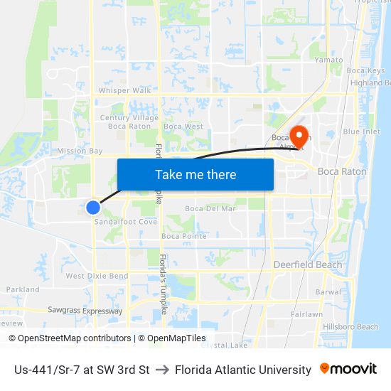 US-441/SR-7 at SW 3RD ST to Florida Atlantic University map