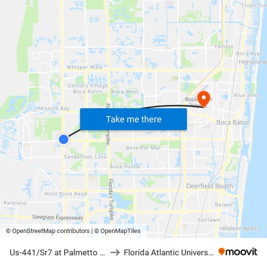 Us-441/Sr7 at Palmetto Rd to Florida Atlantic University map