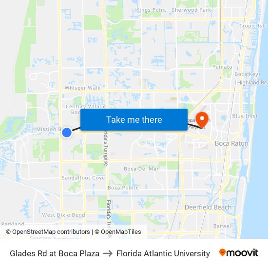 Glades Rd at Boca Plaza to Florida Atlantic University map