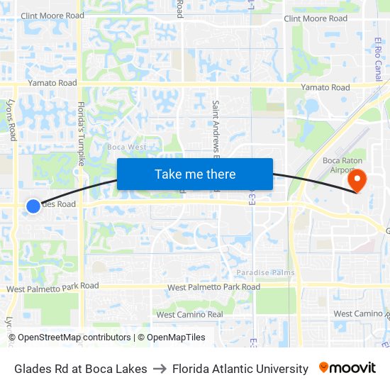 Glades Rd at Boca Lakes to Florida Atlantic University map