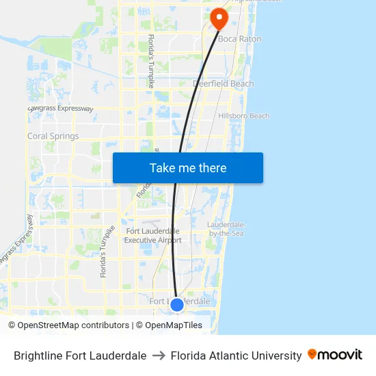 Brightline Fort Lauderdale to Florida Atlantic University map