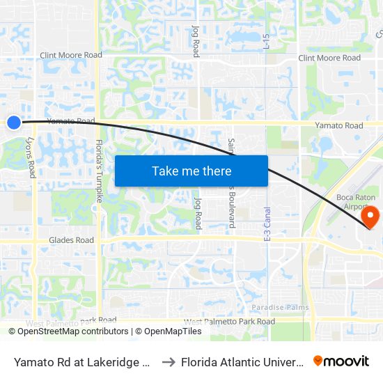 Yamato Rd at Lakeridge Blvd to Florida Atlantic University map