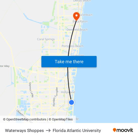 Waterways Shoppes to Florida Atlantic University map