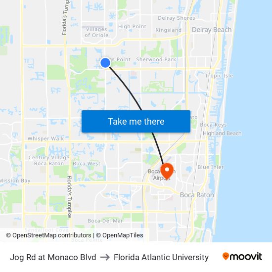 Jog Rd at Monaco Blvd to Florida Atlantic University map