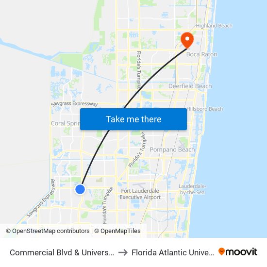 Commercial Blvd & University Dr to Florida Atlantic University map