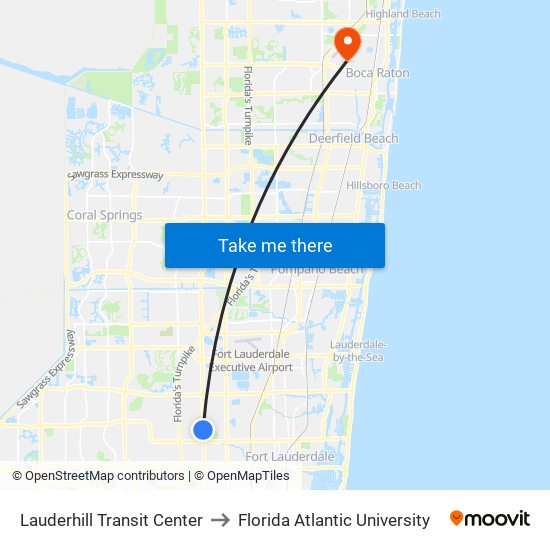 Lauderhill Transit Center to Florida Atlantic University map