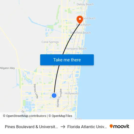 Pines Boulevard & University Drive to Florida Atlantic University map