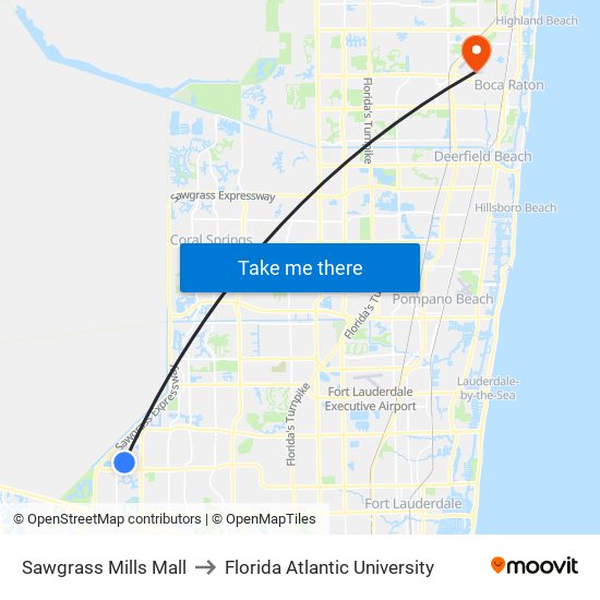 Sawgrass Mills Mall to Florida Atlantic University map