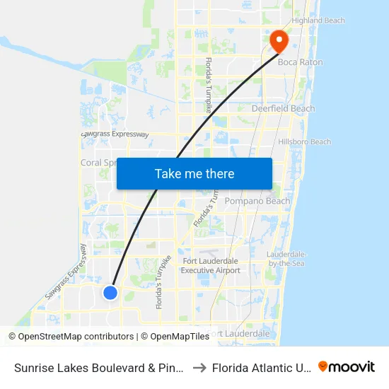 Sunrise Lakes Boulevard & Pine Island Road to Florida Atlantic University map